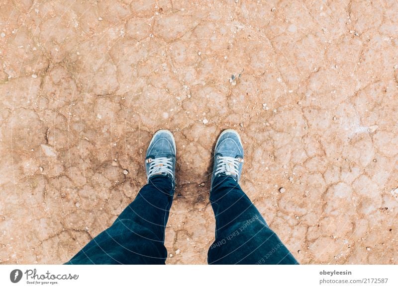 a man Looking down on feet, selective focus Adventure Feet Nature Building Footwear Wood Old Dirty Dark Natural Above Retro Brown Loneliness Colour background