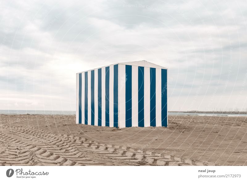 Season's end Tourism Beach Coast Valencia Hut beach stall Freeze Wait Uniqueness Thin Blue Gray Calm Curiosity Boredom Fatigue Loneliness Apocalyptic sentiment