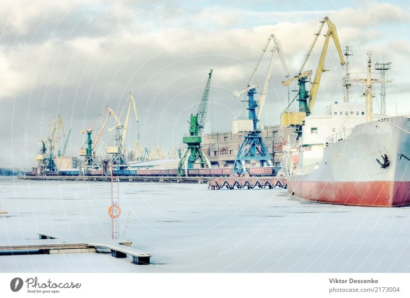 Cargo port on a frozen river Sun Ocean Winter Snow Industry Business Nature Landscape Sky Baltic Sea River Harbour Transport Watercraft Container