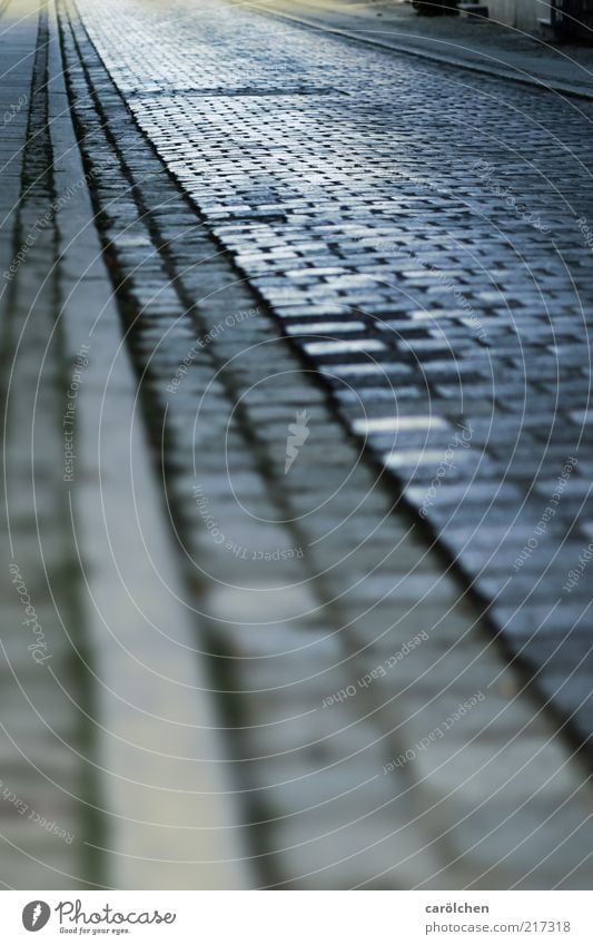 a way to go back Old town Deserted Street Lanes & trails Authentic Cold Blue Gray Cobblestones Roadside Ancillary road Alley Vanishing point Line Checkered