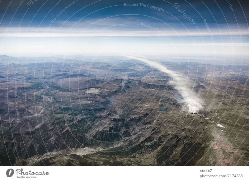 smokehead Sky Mountain Volcano Exceptional Threat Tall Smoke Exhaust gas Subdued colour Aerial photograph Deserted Copy Space top Bird's-eye view