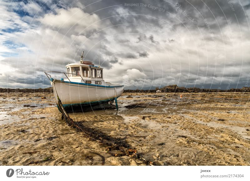 waiting Nature Landscape Sky Clouds Beautiful weather Coast Navigation Fishing boat Lie Maritime Blue Brown Gray White Serene Calm Hope Wanderlust Horizon Idyll