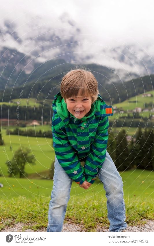 Hello friends Trip Mountain Masculine Child 1 Human being Summer Autumn Fog Forest Jacket Blonde Short-haired Smiling Looking Stand Brash Free Happiness Small