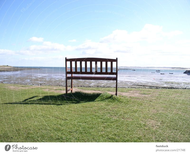 lonely beauty Scotland Great Britain Coast Beach Green Ocean holy island still life Bench Lawn Blue Water