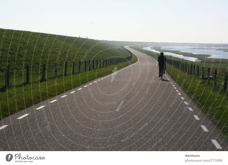 so far so good Cycling tour Sun 1 Human being Nature Landscape Sky Grass Field Lake Dike Street Country road Bicycle Fence Line Movement Driving