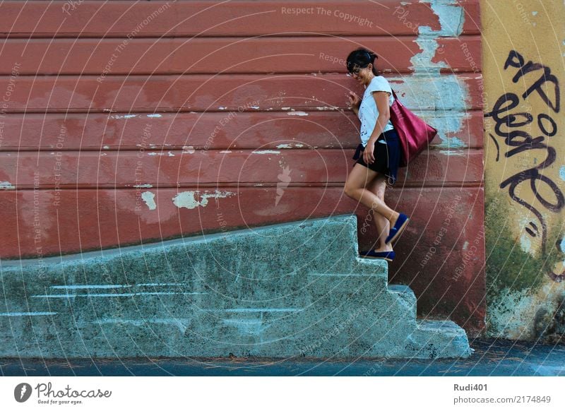 Up Human being Woman Adults Stairs Accessory Bag Going Red Curiosity Whimsical Town Irritation Sequence up Futile Street art Multicoloured Old Wall (building)