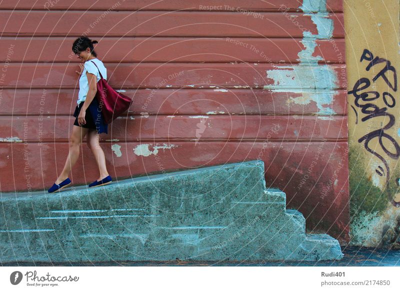 descent Human being Woman Adults Dance Stairs Accessory Bag Going Red Curiosity Whimsical Town Irritation Stride Futile Downward Street art Multicoloured Old