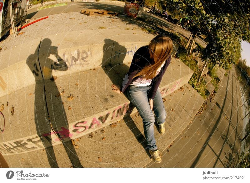 shadow myself Human being Feminine Young woman Youth (Young adults) 2 Stairs To enjoy Hang Crouch Sit Together Perspective Attachment Shadow Shadow play