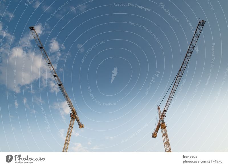 radio silence Sky Blue Discordant Animosity Construction crane Crane Construction site Opposite Looking away Symmetry crane technology Colour photo