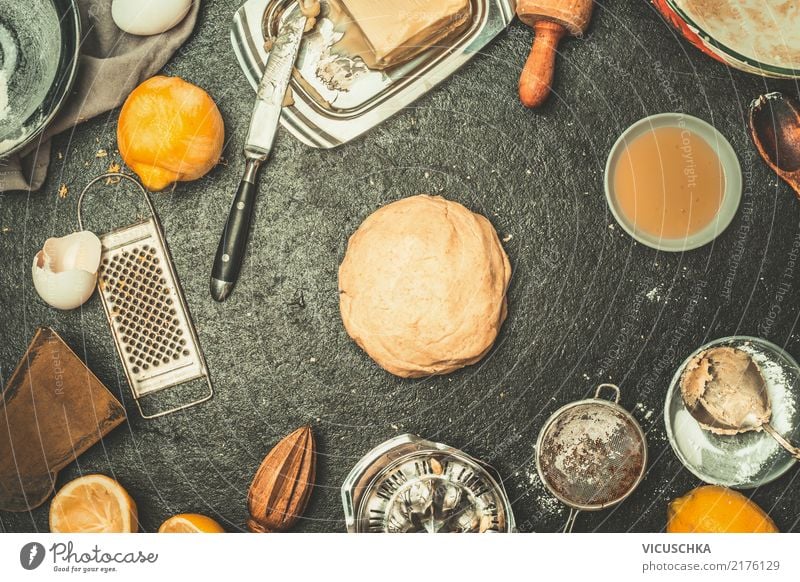 Fresh dough on the kitchen table with ingredients Food Dough Baked goods Bread Croissant Cake Nutrition Crockery Plate Bowl Knives Spoon Style Design