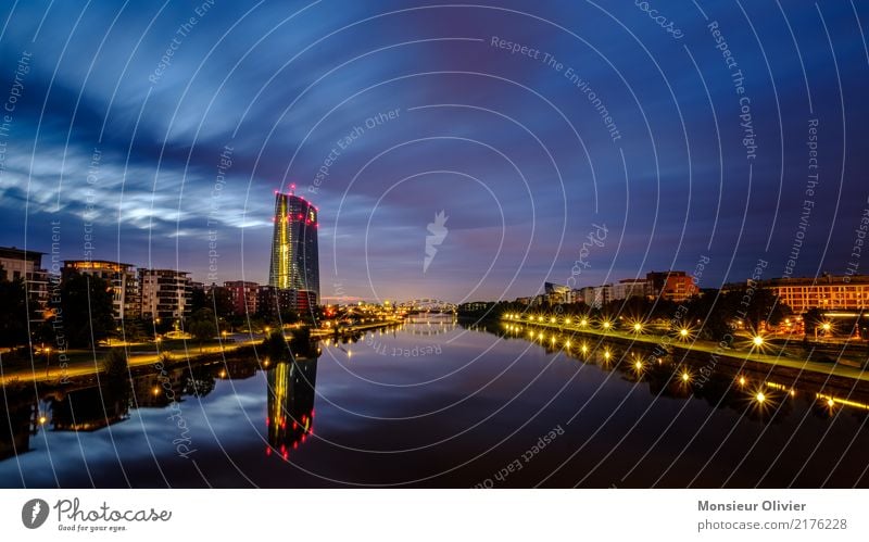 Dawn over Frankfurt Town Downtown Skyline High-rise Bank building European Central Bank Morning Main City Lure of the big city Warm light Warm colour