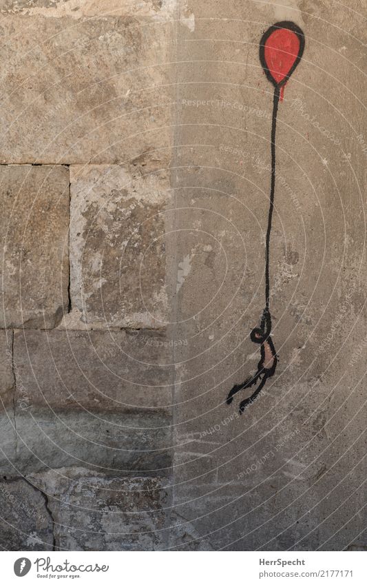 fly away Stone Concrete Sign Graffiti Infinity Funny Gray Red Street art Balloon Flying Escape Departure Beginning Change Adventure Dangerous Drawing