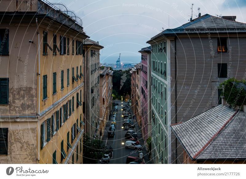 Street in Genoa overlooking the sea and the port Europe Italy Genua Port City Crane Container terminal Deserted Loneliness Apartment Building Escape