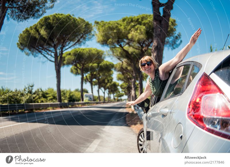 road trip Colour photo Exterior shot Day Trip Summer Relaxation Calm Nature Tree Forest Green Romance Loneliness Hot Summery Street Avenue Italy Tuscany Driving