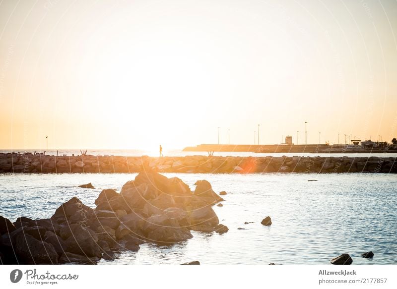 Jogging at sunset Day Evening Dusk Sunset Sunbeam Bright Back-light Silhouette Sky Cloudless sky Jetty Coast Ocean Vacation & Travel Far-off places Idyll Jogger