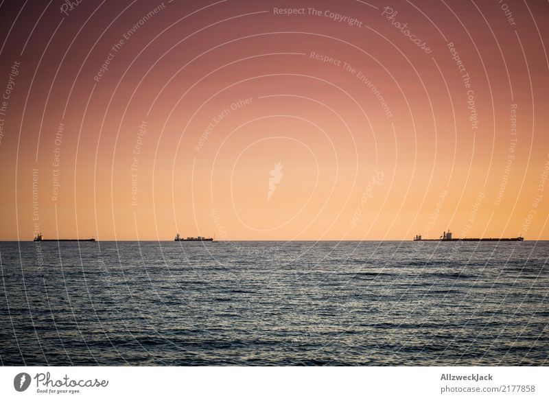 three tankers at sunset Deserted Day Evening Sunset Dusk Sky Beautiful weather Cloudless sky Summer Warmth Ocean Horizon Far-off places far Oil tanker