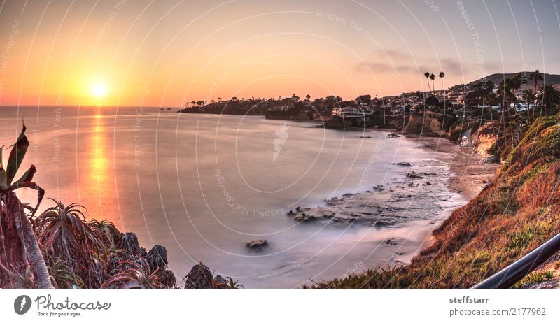 Sunset over the ocean at Divers Cove Beach Summer Ocean Nature Landscape Sky Sunrise Waves Coast Blue Yellow Gold Orange Peaceful Laguna Beach Divers cove