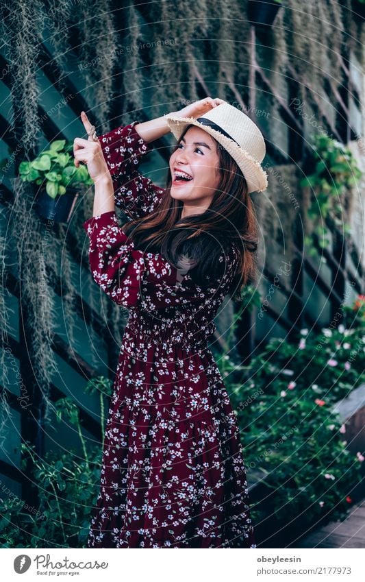 beautiful young asian girl have a happy time alone Beverage Lifestyle Joy Happy Beautiful Face Calm Summer Business Woman Adults Park Street Smiling Natural New