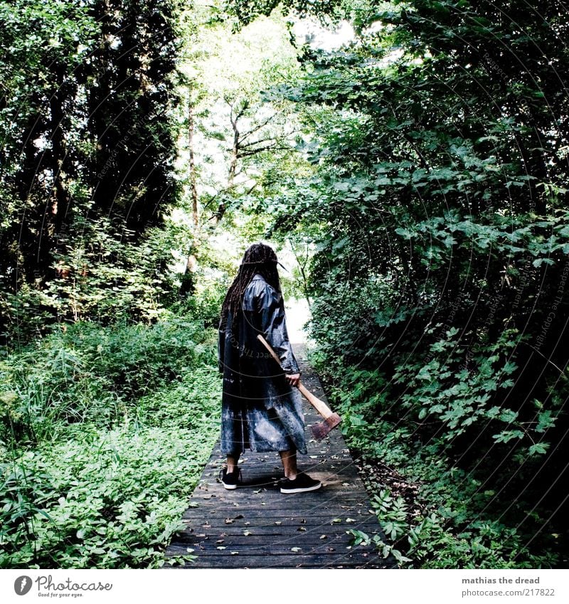 THE AXE IN THE FOREST II Human being Masculine Environment Nature Beautiful weather Plant Tree Wild plant Forest Stand Wait Aggression Dark Creepy Uniqueness