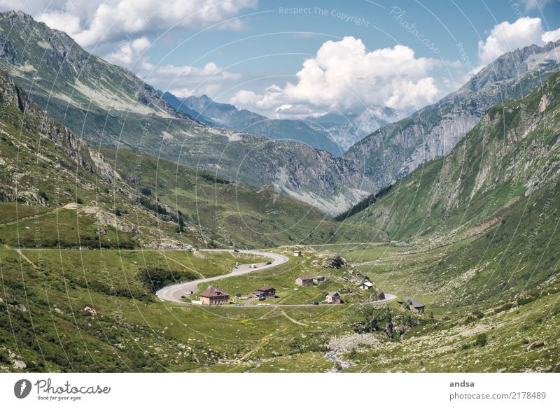 Mountain pass road mountain High mountain region Switzerland Alps mountains Peak Blue Clouds Weather Curve curvaceous curvy winding road Pass