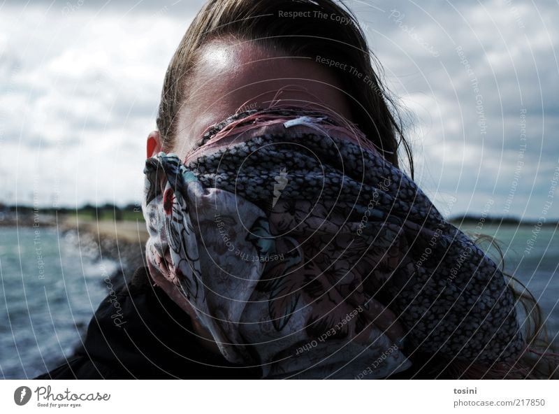 incognito Human being Woman Adults Head Hair and hairstyles Face 1 Environment Nature Water Sky Clouds Protection Rag Wind Footbridge Anonymous Unidentified