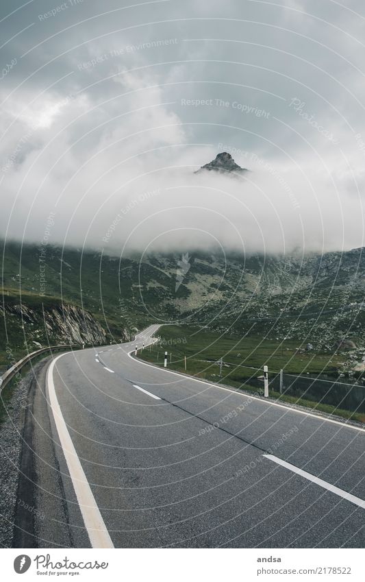 Mountain fog Fog Clouds Street Peak mountain Alps mountains rock stones Forest hillside High fog Gray Moody Nature Exterior shot Landscape Rock Sky Colour photo