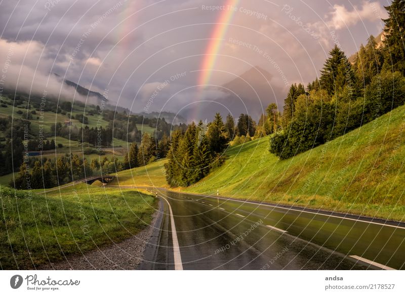 Rainbow in the mountains Vacation & Travel Trip Adventure Far-off places Freedom Mountain Nature Landscape Clouds Climate change Beautiful weather Storm Tree