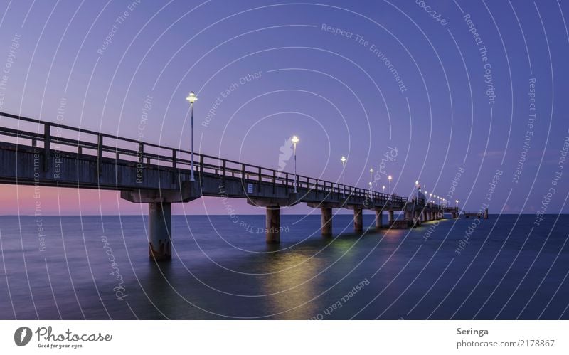 Sea bridge Zinnowitz Water Sky Cloudless sky Night sky Horizon Sunrise Sunset Summer Autumn Beach Baltic Sea Ocean Architecture Tourist Attraction Dream