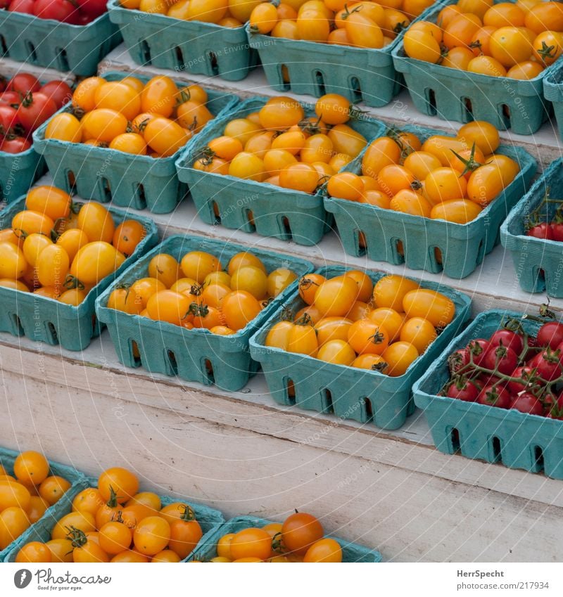 tomät Food Vegetable Tomato Cocktail tomato Blue Yellow Red Bowl Containers and vessels Arrangement Beaded Market stall Market day Fruit- or Vegetable stall