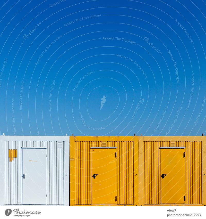 ContainerRow Construction site Sky Door Metal Steel Line Stripe Esthetic Authentic Good New Blue Multicoloured Yellow White Colour Accuracy Arrangement