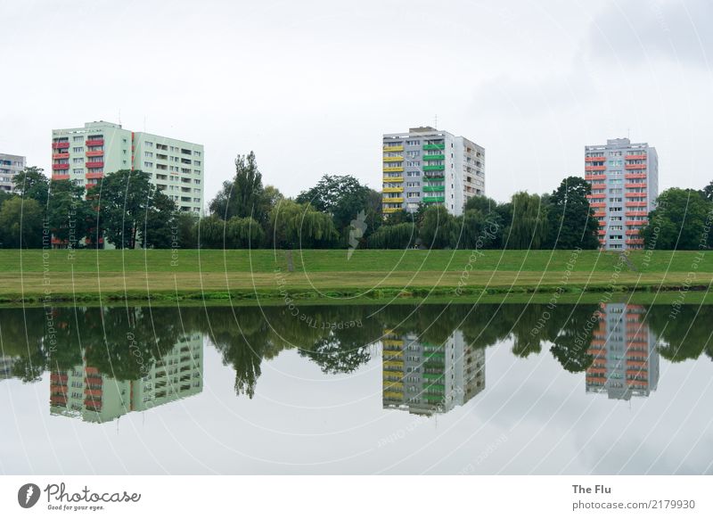 prefab idyll Flat (apartment) House (Residential Structure) Construction site Landscape Bad weather River bank Oder Oppeln Poland Upper Silesia Town Outskirts