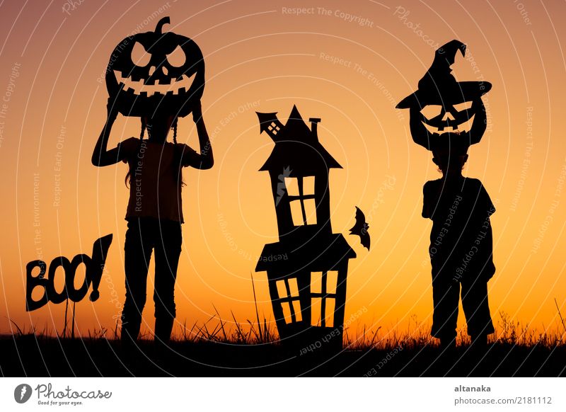 Happy brother and sister playing outdoors Lifestyle Joy Playing House (Residential Structure) Feasts & Celebrations Hallowe'en Child Human being Boy (child)