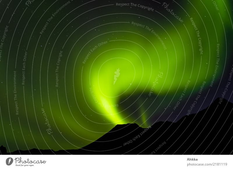 Strong green northern lights Elements Night sky Stars Aurora Borealis Mountain Norway Illuminate Esthetic Dark Exotic Fantastic Gigantic Glittering Wild Green