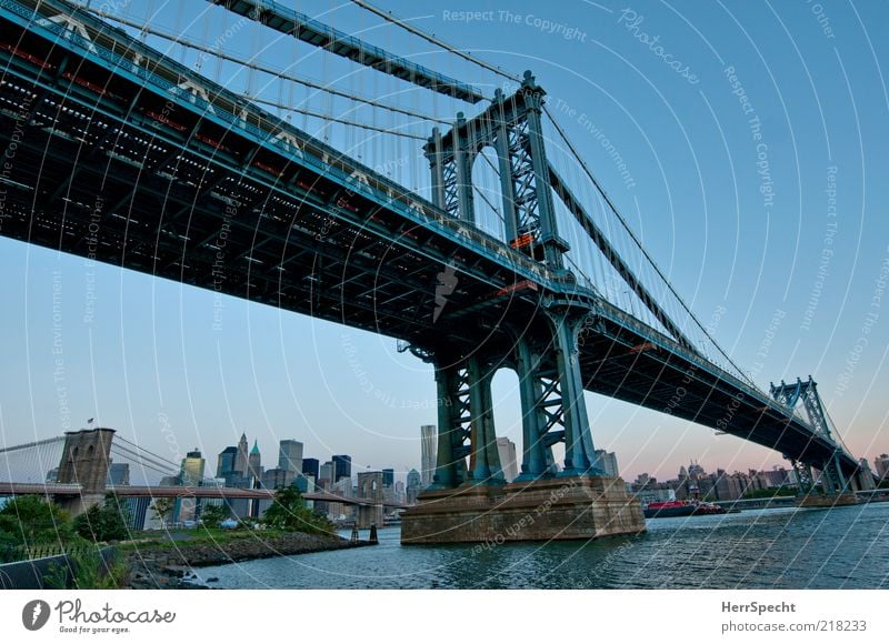 Manhattan Bridge New York City Brooklyn Port City Skyline Tourist Attraction Landmark Blue Bridge pier Bridge construction Twilight Suspension bridge