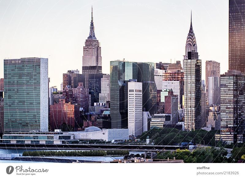 from Queens 11 New York City USA Manhattan High-rise Skyline Summer City life Back-light Chrysler Building Empire State building United Nations