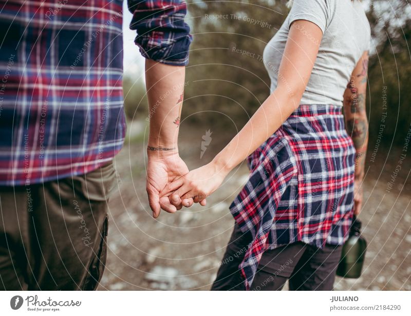 Hiking Couple are holding hand while enjoying the view Lifestyle Leisure and hobbies Vacation & Travel Trip Adventure Far-off places Freedom Camping Mountain