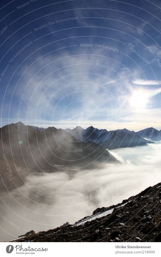 View from Timmelsjoch to the fog layer over South Tyrol Vacation & Travel Freedom Mountain Nature Landscape Air Sky Autumn Beautiful weather Fog Snow Alps