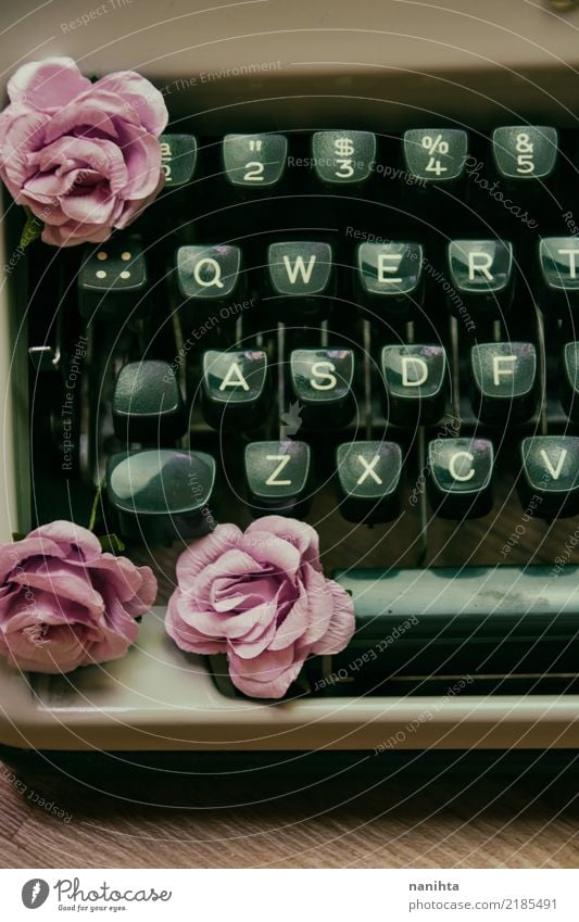 Vintage typewriter with paper roses Education Work and employment Profession Office work Write Writer Art Work of art Culture Flower Rose Typewriter Sign