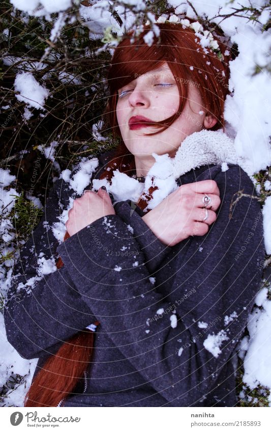 Young woman sleeping in the snow Human being Feminine Youth (Young adults) 1 18 - 30 years Adults Environment Nature Winter Climate Climate change Weather