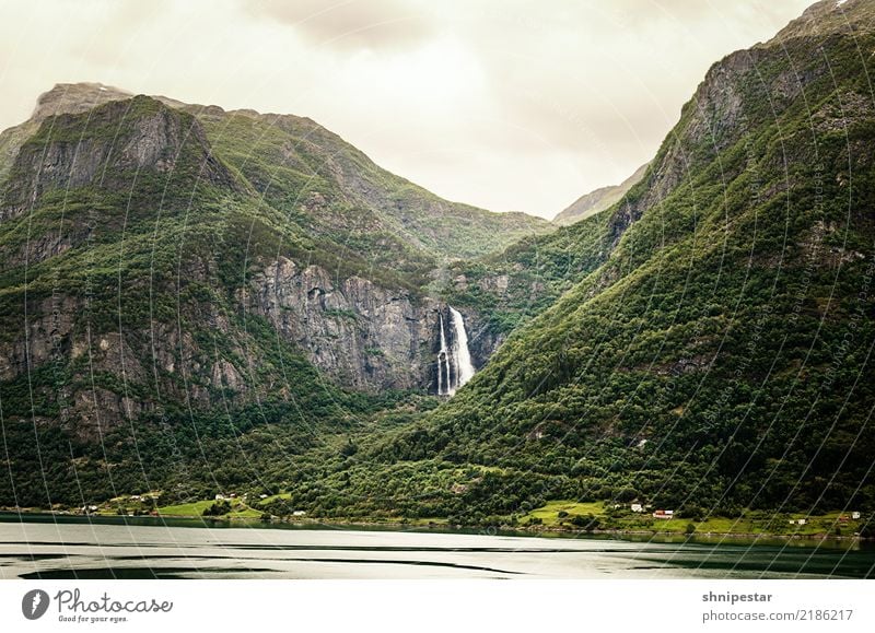 Waterfall in Norway Hiking Environment Nature Landscape Plant Clouds Summer Climate Climate change Weather Forest Mountain Fjord Vacation in Norway Deserted