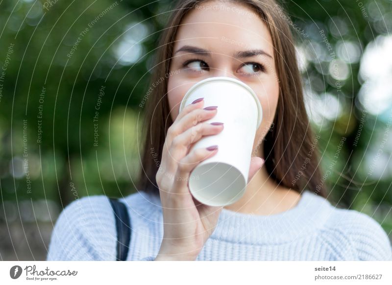 Coffee on campus Beautiful Coffee mug Mug Summer Sun Academic studies University & College student Girl Young woman Spring Long-haired Smiling Laughter Esthetic