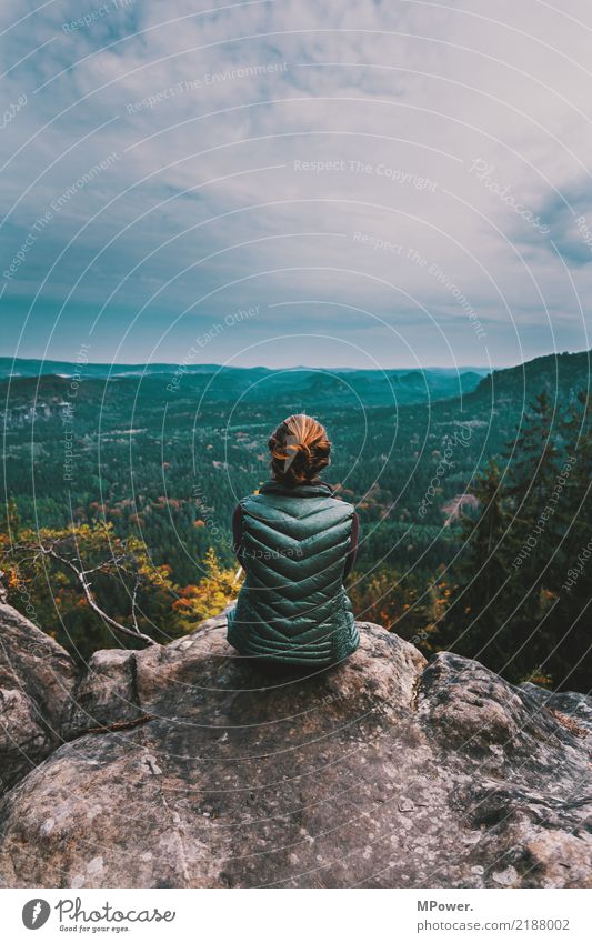 enjoying the view Human being Feminine Woman Adults Back 1 18 - 30 years Youth (Young adults) Environment Nature Landscape Bad weather Tall Sit Vantage point