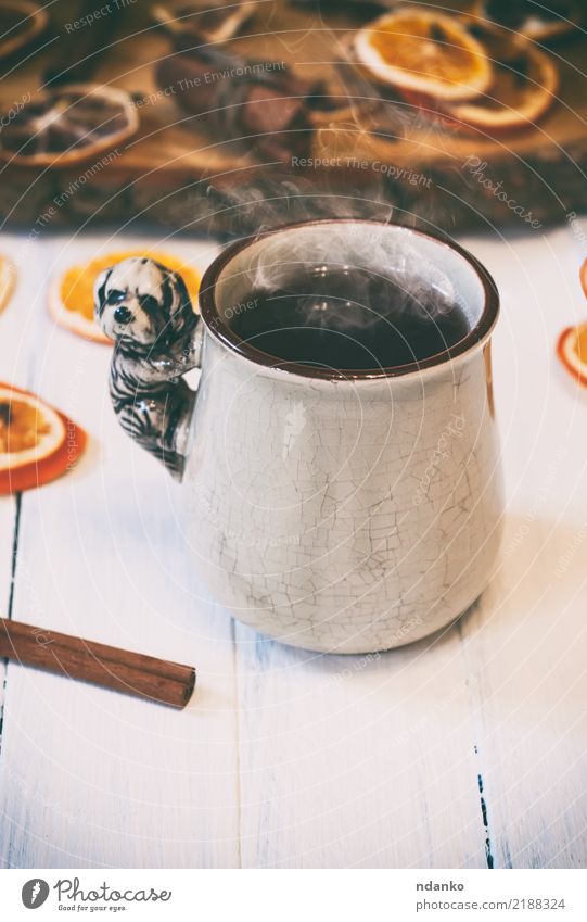 cup of hot tea with steam Fruit Breakfast Hot drink Tea Cup Retro White Slice citrus Cinnamon stick wood orange Lemon Cozy vintage ceramic mug food Colour photo