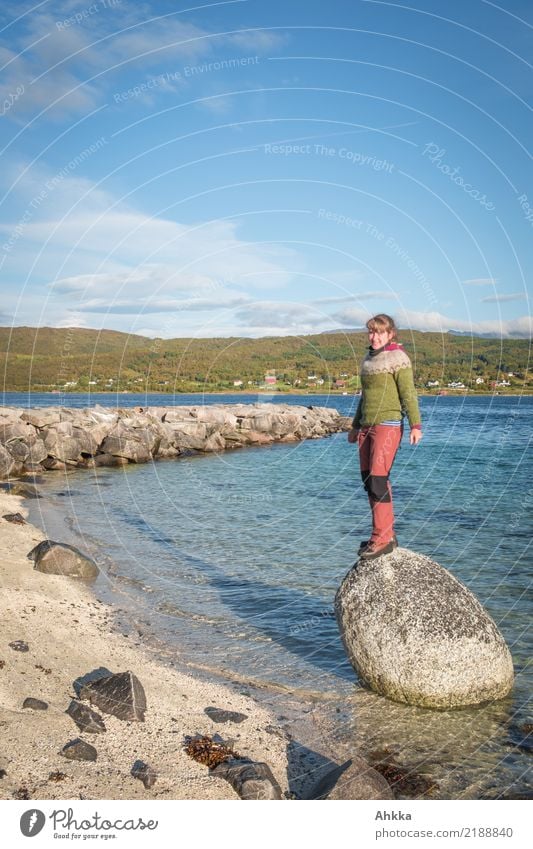 Scandinavian summer holiday Contentment Calm Summer vacation Young woman Youth (Young adults) Nature Elements Sky Beautiful weather Rock Coast Beach Ocean