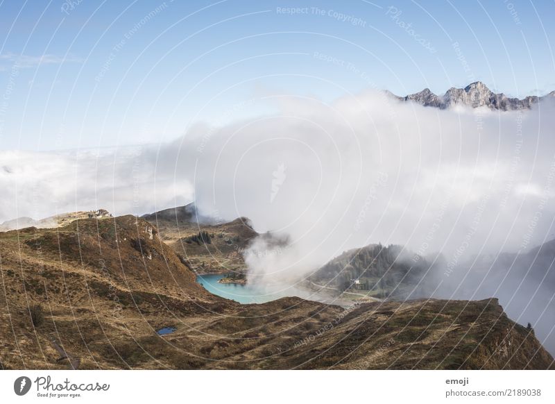 Trübsee seen from the Jochpass Environment Nature Landscape Sky Clouds Autumn Climate Weather Beautiful weather Alps Mountain Lake Tourism Tradition murky