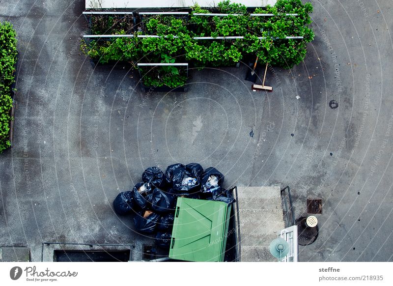 wasted Environment Flowerbed Gray Green Interior courtyard Trash Trash container Broom Clean Dirty Squander Environmental pollution Cleaning Bird's-eye view