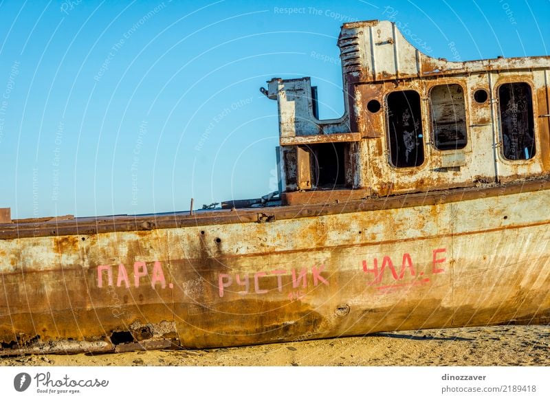 Rusted vessel in the ship cemetery, Uzbekistan Ocean Environment Nature Landscape Sand Climate Climate change Lake Ruin Watercraft Dead animal Death Disaster