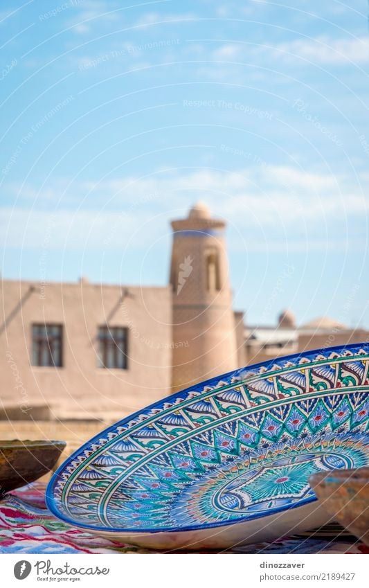 Ceramics in Khiva old town Plate Bowl Handcrafts Tourism Decoration Craft (trade) Art Culture Town Building Architecture Old Retro Blue Turquoise