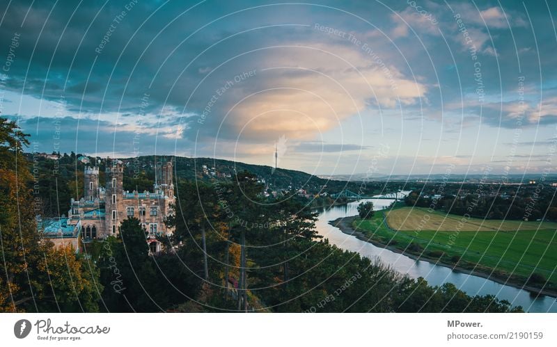 Dresden elbhang Town Capital city Palace Castle Park Old Elbe Saxony Elbufer Elbaue Elbe bank Panorama (View) Television tower Clouds River Autumn Hotel Horizon