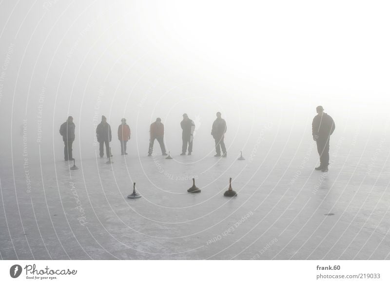 Ice Stock Human being Life Group Nature Water Winter Fog Frost Lakeside Lake Chiemsee Freeze Playing Sports Stand Together Cold Gray White Joy Contentment